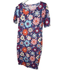 LuLaRoe XXS Blue Floral Stretch Midi Dress Short Sleeve Casual